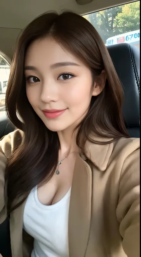 ((best image quality, 8K, master piece:1.3)), 1 girl, Beautiful woman with slender abs:1.3, (dark brown hair, No leakage:1.2), shirt，coat:1.1, Extra-fine face, detailed eye, double eyelid，smile，Home,Inside the car