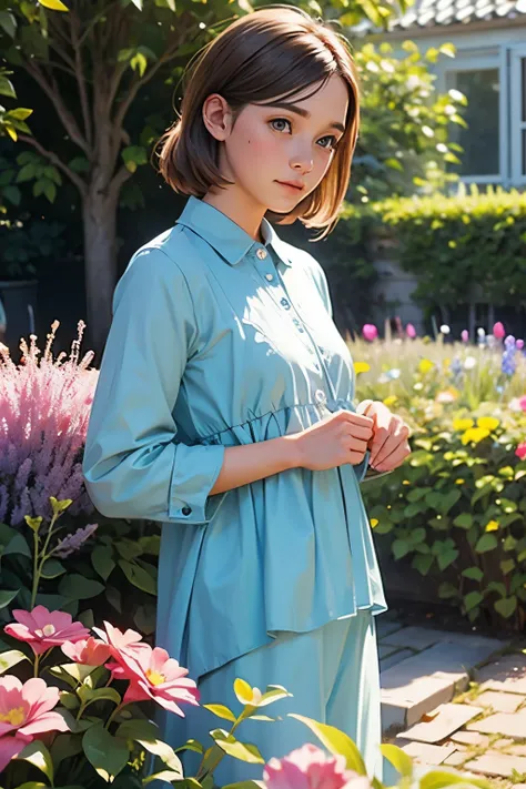 beautiful noble girl in light blue clothes standing in the garden with flowers