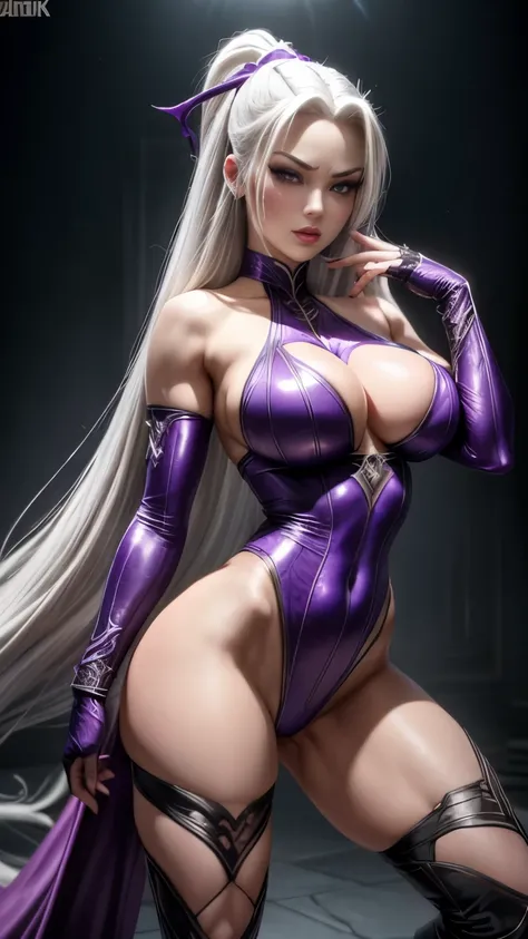 ((sexy pose)) ((Sexy, tall and very beautiful sindel from mortal kombat videogame series)) ((dark eyeshadows make up)) (()) (()) ((big bright white eyes)) (()) ((seductive)) ((very long straight white hair)) ((big breasts:1.5)) ((slender body:1.3)) ((wears...