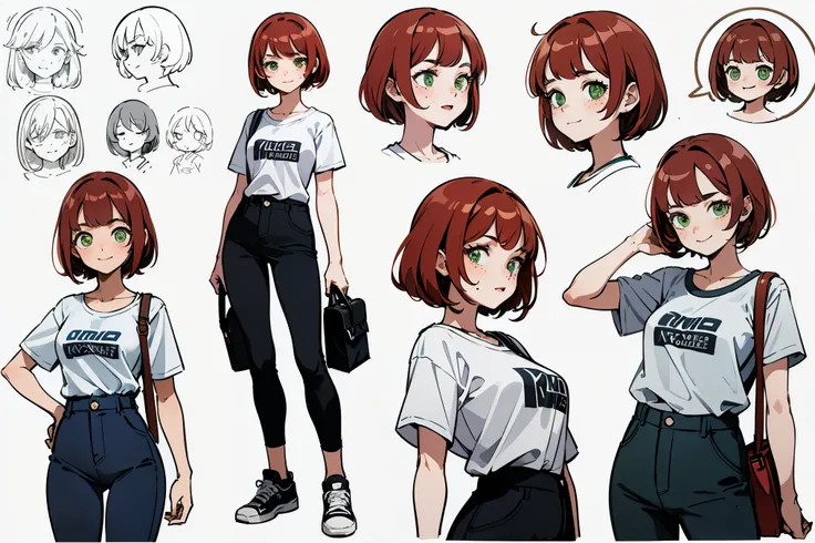 top quality, detailed face, character sheet,(((young woman:1.5))), ((full length:1.2)), full of details, several poses and expre...