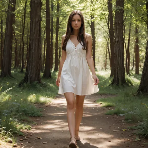 pretty american girl with long brown hair and brown eyes wearing summer dress walking through forest on a sunny day