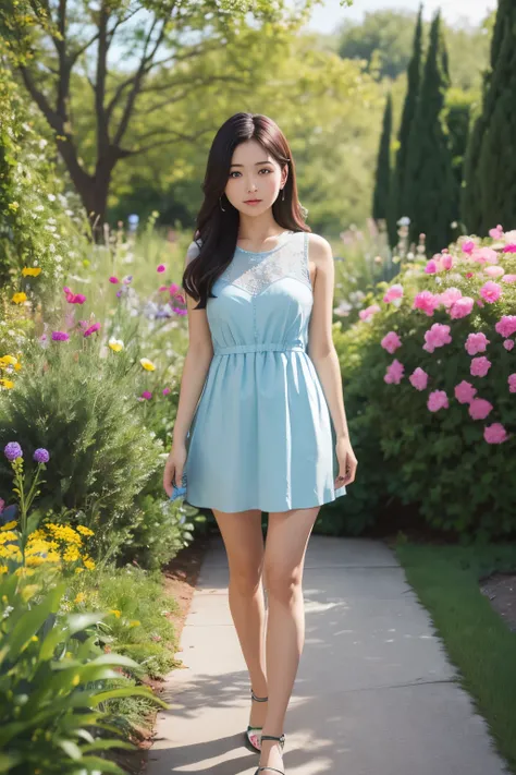 beautiful noble girl in light blue clothes standing in the garden with flowers