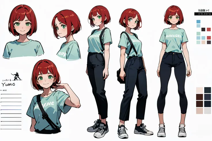 top quality, detailed face, character sheet,(((young woman:1.5))), ((full length:1.2)), full of details, several poses and expre...