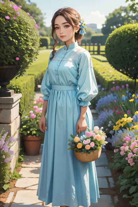 beautiful noble girl in light blue clothes standing in the garden with flowers