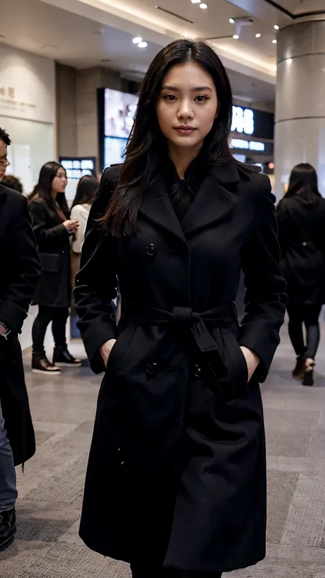 30 years old Hong Kong woman walking in exhibition hall, busy, black winter overcoat, beautiful body, beautiful face, half body, black long hair, realistic face, realistic skin, realistic fingers, closeup