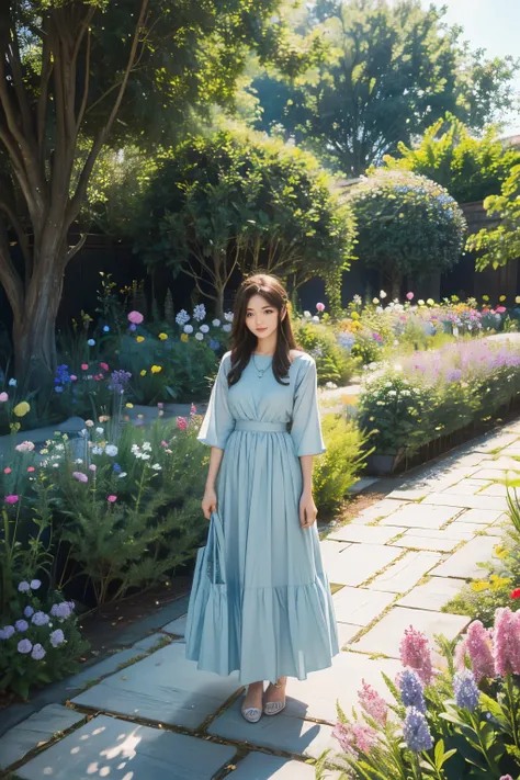 beautiful noble girl in light blue clothes standing in the garden with flowers