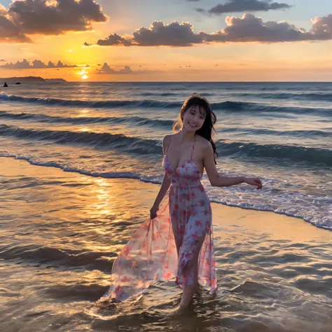 japanese girl, Beautiful girl at 22 years old, Golden Ratio Body, (masterpiece:1.2), (highest quality:1.3), (super realistic:1.5), shallow_sunset, 1 girl, Frolic with the waves, are having fun, A big smile, cowboy shot, swimsuit, off shoulder dress, flower...