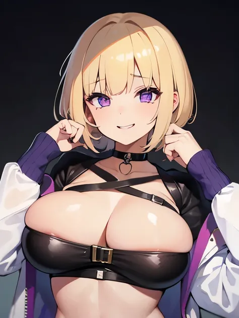 1 girl,blonde hair,bob,Patsun bangs,purple eyes,shaped pupils,big breasts,big breasts,cute,smile,Happy,heavy breathing,trembling,put your hand on your face,crop top with edges,choker