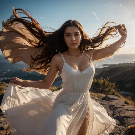 In this compelling image, a womans silhouette emerges against a breathtaking backdrop of vibrant orange hues. Caught in the midst of a gentle, swirling wind, her flowing hair and billowing dress possess an ethereal quality. The letter she holds seems to be...