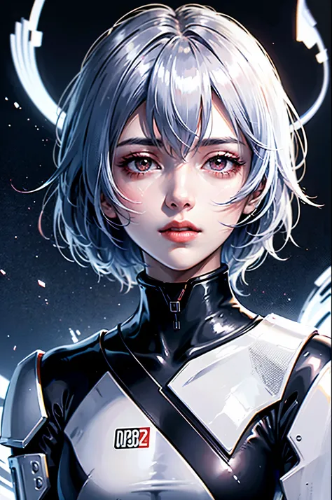 ((Masseter muscle part)),highest quality, enlightenment, beautiful and fine eyes, beautiful fine hair, floating hair, 1 girl, ayanami, short hair, armor, Expressionless, skin, solo, turtleneck, body suit, Mecha, super shiny silver latex suit