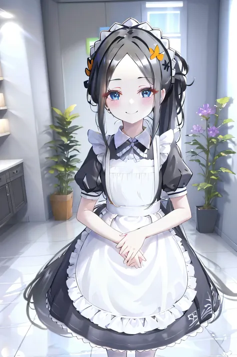 masterpiece, highest quality, High resolution, Da Vinci, ponytail, hair ribbon, parted bangs, maid headdress, small breasts, maid, black dress, white apron, Puffy short sleeves, black stockings, indoors, Are standing, smile, cowboy shot, arm to the side, s...