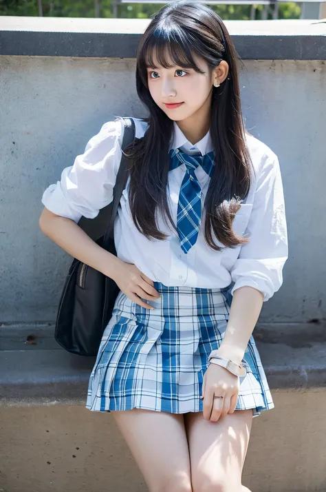 super mini skirt（Light blue plaid）20 year old black haired high school girl wearing a white shirt.