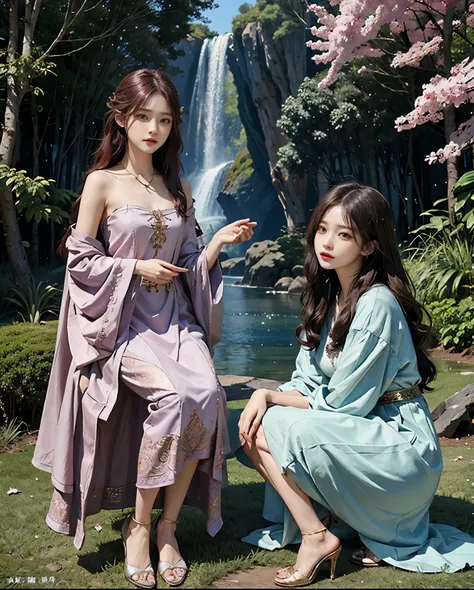 Official art、elvish、The background is an ancient forest temple、You can see many mysterious scenery surrounded by many animals.、With two beautiful women in robes with open chests、The costumes of the two are contrasting、PerfectNwsjMajic,(​masterpiece、top-qua...