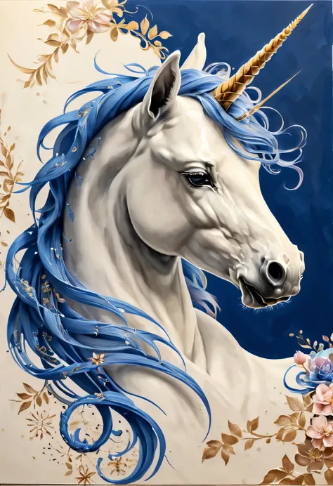dry stroke style, blueprint art style, (unicorn) ,portrait, Beautiful detailed