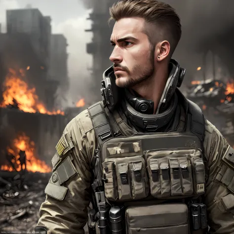 Full body shot, ((Candid snapshot)), Special Forces, soldier, ((short hair)), Call of duty, hi-tech, ((Detailed face)),  (((man, Strong Features, decisive look, dystopia, nape, masculine))), (((Sharp jawline))), ((hair over face)),  HDR, hyperrealistic, wr...