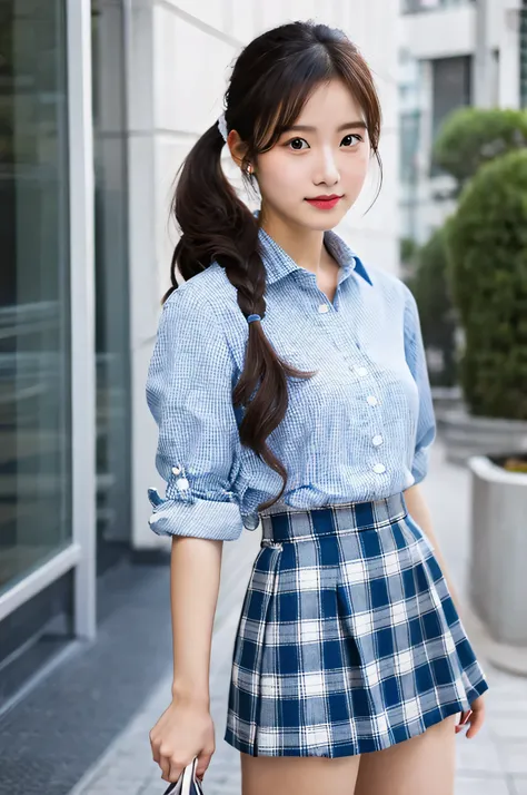 super mini skirt（Light blue plaid）20 year old high school girl wearing a white shirt.（ponytail hair）