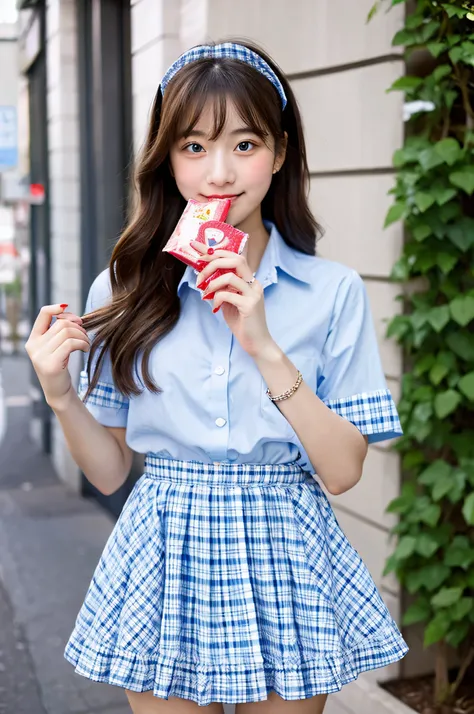 Hold Valentine&#39;s Day&#39;s day chocolate in both hands、An 18-year-old high school girl wearing a super miniskirt with a light blue plaid pattern and a white dress shirt.