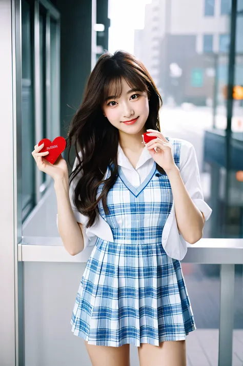 Hold Valentine&#39;s Day&#39;s day chocolate in both hands、An 18-year-old high school girl wearing a super miniskirt with a light blue plaid pattern and a white dress shirt.