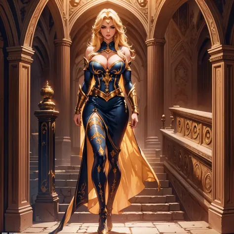 Full body portrait of one extremely beautiful blonde young woman, perfection, tall, huge , impressive cleavage, powerful, confident, powerful mage, charismatic badass, omnipotent, in a medieval fantasy setting, rich magical academy hall, masterpiece, dynam...