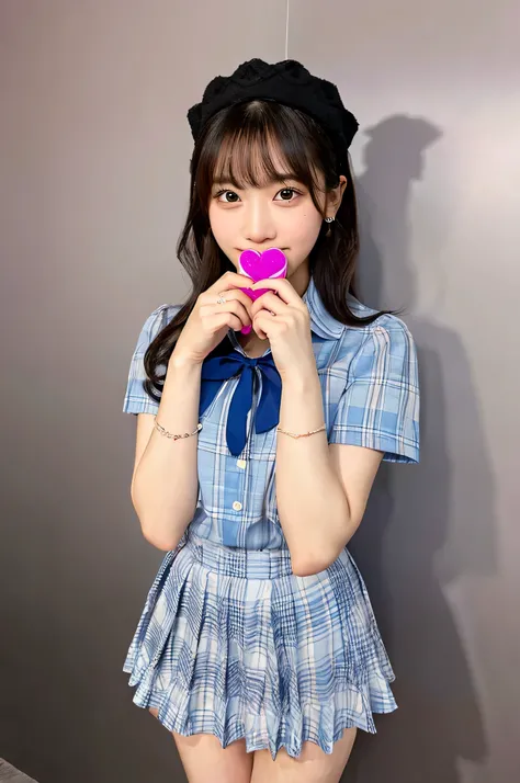 Hold Valentine&#39;s Day&#39;s day chocolate in both hands、An 18-year-old high school girl wearing a super miniskirt with a light blue plaid pattern and a white dress shirt.