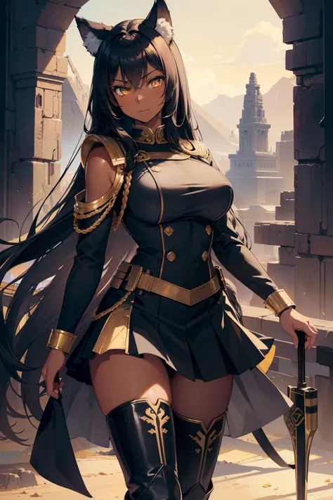 (masterpiece, best quality:1.2), illustration, 8k, hd, 1girl, solo, 1girl, ((tan, dark skin, black hair, wolf ears,)) Egyptian girl, military uniform, yellow eyes, looking at viewer, roguish smirk, long hair, large breasts, desert, thigh high boots, standi...