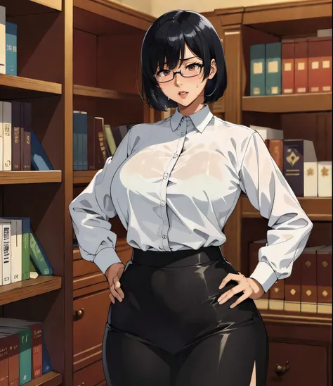 (library)、Super detailed illustrations、Super precise expression、masterpiece、highest quality、ultra high resolution、high resolution、(Sweat、body fluid)、shiny skin、(black hair、short cut hair、glasses)、shirt、Standing picture、skirt、Hands behind your hips、