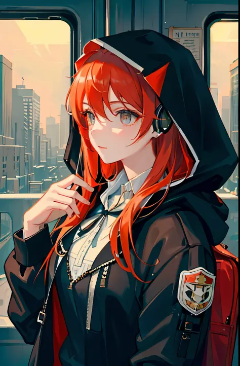 (masterpiece, side light, Super detailed, Delicate and beautiful eyes: 1.2), 1 girl, Bag, architecture, from the side, earphone, hood, hood down, hooded jacket, hoodie, jacket, long hair, Orange skull, Red hair, alone, train, train interior, Upper body, ma...