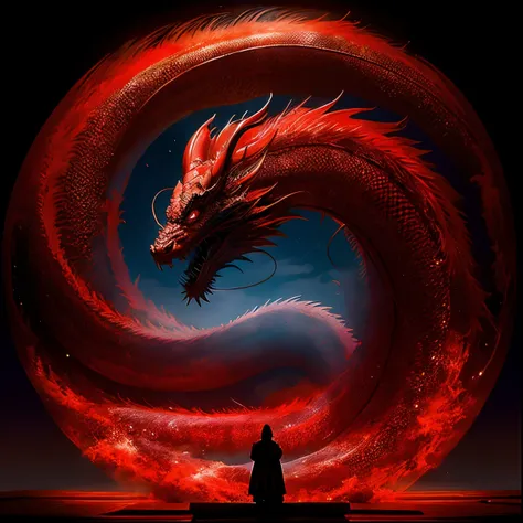 chinese style, high red wall, round arch, chinese mythology, a long blue/red chinese dragon, auspicious omen, dragon ball, hover...