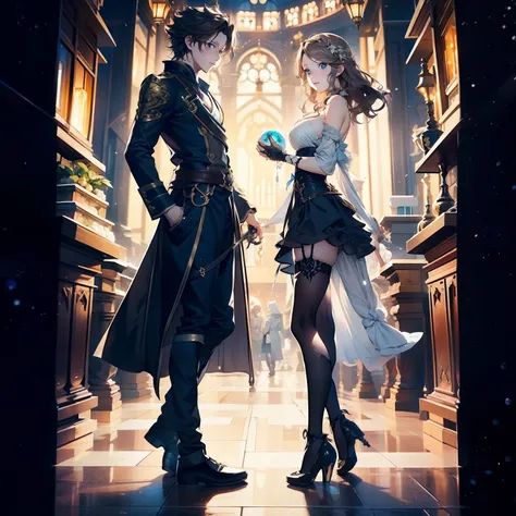 a couple of anime characters standing next to each other, octopath traveler, romance book cover, boris valejo. octopath traveler, octopath traveller style, hands holding big glowing orbs, artbook artwork, full art illustration, official art, official artwo...