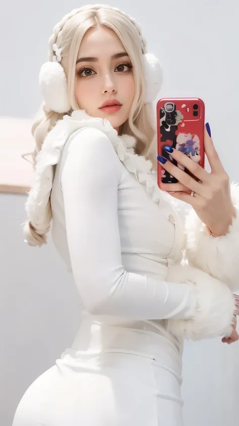 mulher loira de vestido branco tirando uma selfie com o celular, Pelo branco, roupa branca inchada, roupa de seda branca, roupa branca, her hair is white, garota de cabelos brancos perfeita, with fluffy white fur, ava max, cabelo longo branco!!, selfie no ...