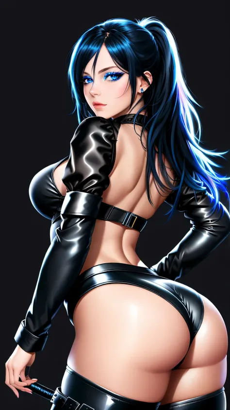 beautiful girl, full body, looking over shoulder, bright blue neon streaked dishevelled hair, ((large light realistic detailed eyes:1.3)), ((seductive pose:1.5)), ((nice ass:1.4)), black eyeshadow, (street style wear:1.2), ((tight fitted panties)), ((thigh...