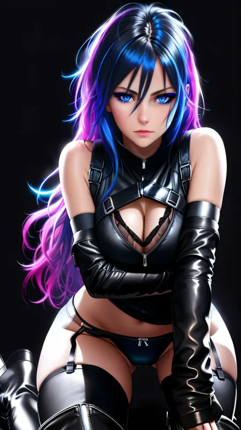 beautiful girl, full body, looking over shoulder, bright blue neon streaked dishevelled hair, ((large light realistic detailed eyes:1.3)), ((seductive pose:1.5)), black eyeshadow, (street style wear:1.2), ((tight fitted panties)), ((thigh high leather boot...