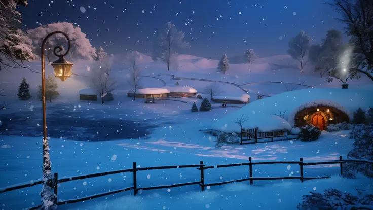 cena noturna de neve com uma casa e uma cerca em primeiro plano, Cena de inverno fantasy, paisagem nevada, Arte conceitual de inverno, Pintura de paisagem virtual 3D, bela cena detalhada, snowy Cena de inverno, Noite de inverno, cena de neve, paisagem de n...