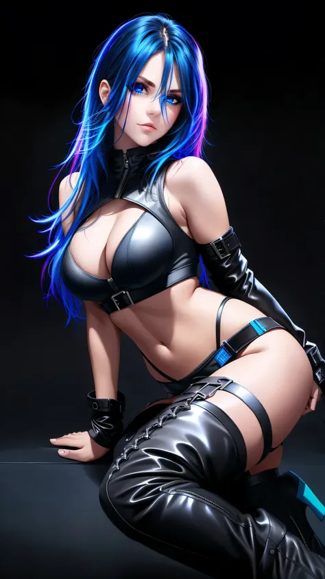 beautiful girl, full body, bright blue neon streaked dishevelled hair, ((large light realistic detailed eyes:1.3)), ((seductive pose:1.5)), black eyeshadow, (street style wear:1.2), ((tight fitted panties)), ((thigh high leather boots:1.3)),  ((dark plain ...