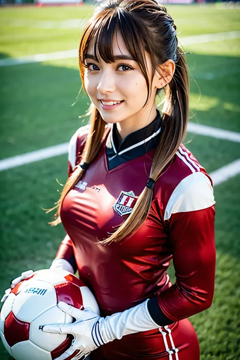 　football uniform,　Soccer ball shiny clothes twintails latex bodysuit, Japanese
(8K, RAW photo), film grain, ultra high resolution, ultra detail, (Super skin details), incredibly absurd, powerful rim light, Asian, slim girl, enchanting smile, Looking at th...