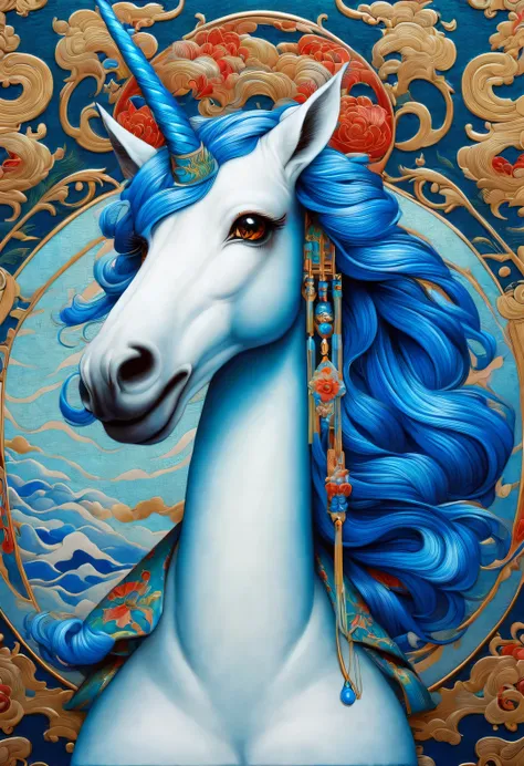 neofuturistic style, （unicorn），realistic hair，Chinese cloisonne，portrait, Beautiful detailed