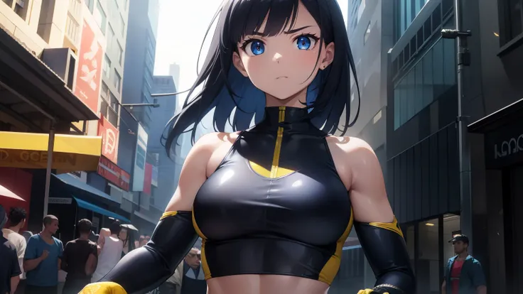 1woman, fit-muscled body, bright yellow eyes，dark blue hair , blue eyes, With round lenses, The audience watched carefully, (s face: 1.2), Perfect female figure, ((standing)), ((yellow Tight crop top leather suit)), ((shy and looking at viewert)), (Perfect...