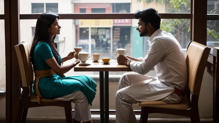 A full body view of An Indian couple enjoying tea in a busy cafe, photo taken from a distance from where we can see their whole body