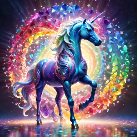 Crystal unicorn standing in front of colorful swirls,(Made of rainbow crystals),iridescent colors and glowing scales, Obras de arte intrincadas . Rendered by Octane, Popular topics on artstationh,T symmetrical artwork. (night,starry sky,starlight, backgrou...