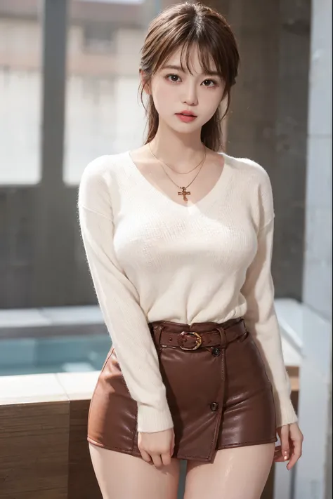  body、Full body Esbian、very thin waist、very huge breasts:1.2、ponytail、plump thighs、natural skin、ultra fine face、perfect hands、extra thin hands,  Best Ratio、hyper realistic, ((very tight cashmere sweater、tight mini skirt、belt))、 8K, muste piece, super detai...