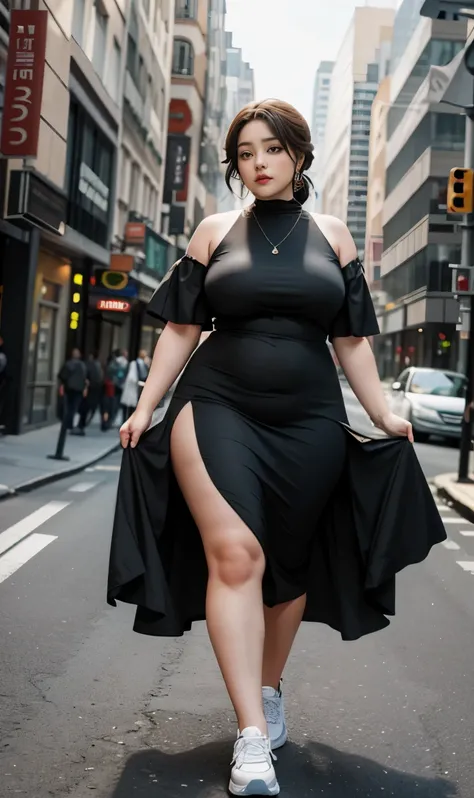 Chubby woman with fat belly and tight thighs, full body, 50-year-old mature woman, thick hips, thick neck, thick chest, big eyes,  seductive , wearing muslimah dress and sneakers 