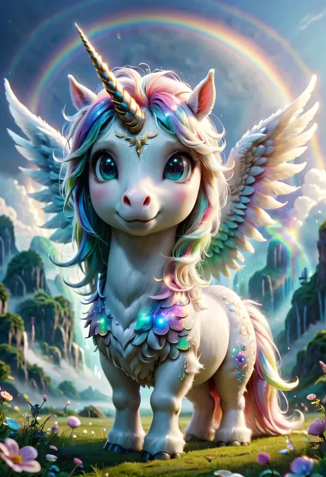 mysterious creature，cute pet，unicorn，yu ji，angel hope，q version，cartoon，cute and cute，rainbow，cloud，soft space，ethereal，biolumin...