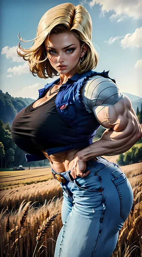 Android 18、.db、It is shown to have a rather slender figure. Lean on the wheat field and look at this、And the breeze is playing with her hair, And she touches the wheat with her hands in the morning, The weather is sunny, And she wears a shirt with exposed ...