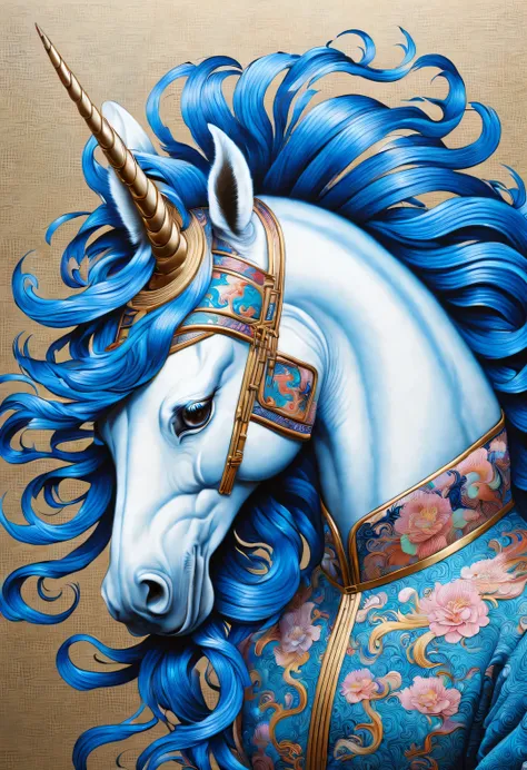 neofuturistic style, （unicorn），realistic hair，Chinese cloisonne，portrait, Beautiful detailed