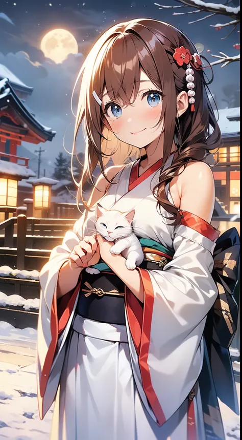 See the whole body,Long hair to waist,reddish brown hair,Short Liuhai,blue eyes, blush:1.2, Japanese anime style,Low-cut Hanfu,bare shoulders,Smile,Watching the moon with a white cat on a snowy night