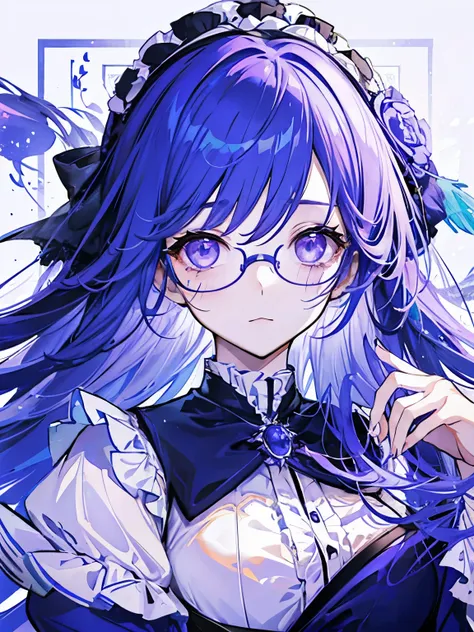 10th generation women、long hair（blue to purple gradation）、purple eyes、Long Sleeve Lolita Clothing、Lots of frills、headdress、Rimless round glasses、background（universe）