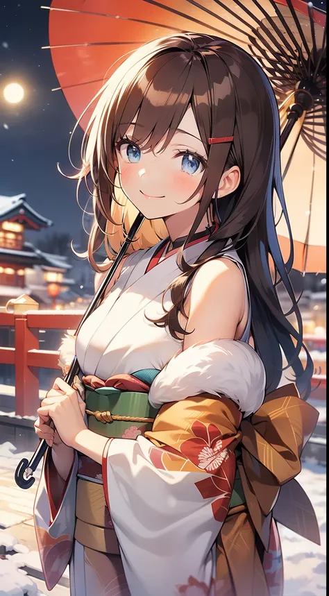 See the whole body,Long hair to waist,reddish brown hair,Short Liuhai,blue eyes, blush:1.2, Japanese anime style,Low cut Japanese kimono,bare shoulders,exposing her chest,Smile,Snowy nights,Hold an umbrella and admire the moon