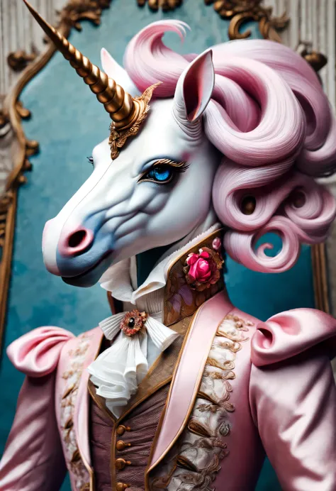 neofuturistic style, （Anthropomorphic unicorns，With the elegant hairstyle and pink clothing of an 18th century French aristocrat），portrait, Beautiful detailed，