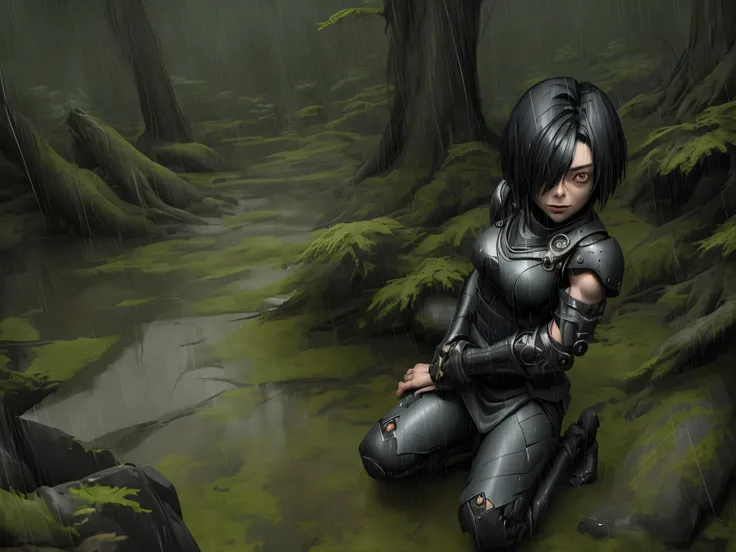 lady, hair over one eye, mercenaries, (((left arm loss))), rainy forest, kneeling pose, black hair, short hair, crazy eyes, from above