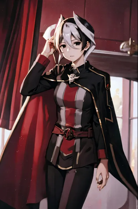 ozen, cape, jacket, black cape  looking at viewers red twokunf uniform